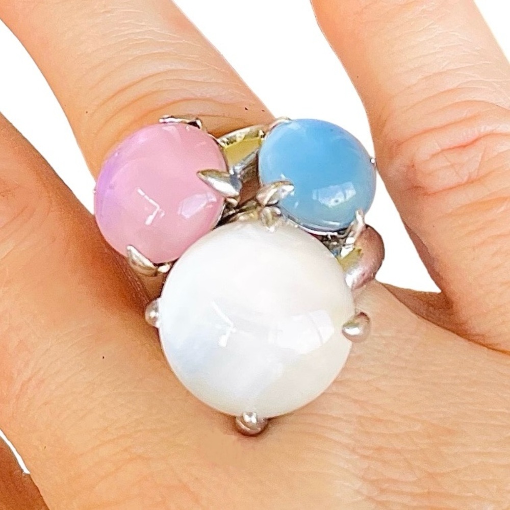 Designer Stamped 925 silver ring resizable white pink blue claws designer edgy